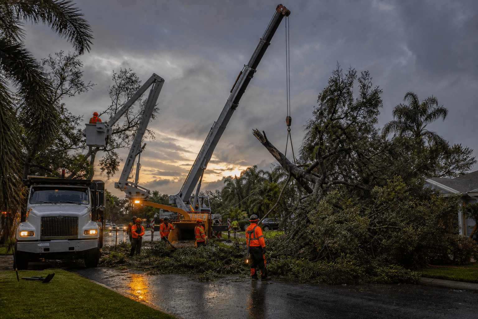 Tree Rescue 24 emergency crane and crew removing a storm-damaged tree in Tampa Bay